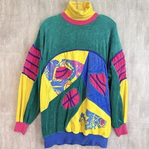 Vintage 1980's Bonnie Boerer Sweatshirt Women Medium Colorblock Turtleneck Bold